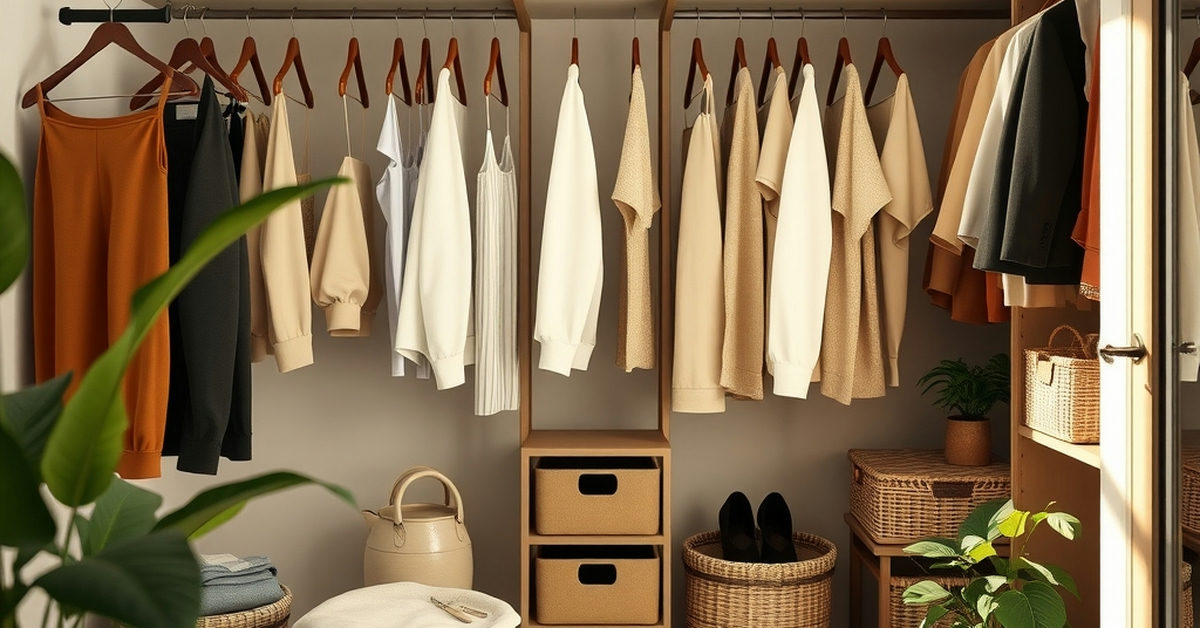 closet organizado com cabides de veludo e cestos de vime