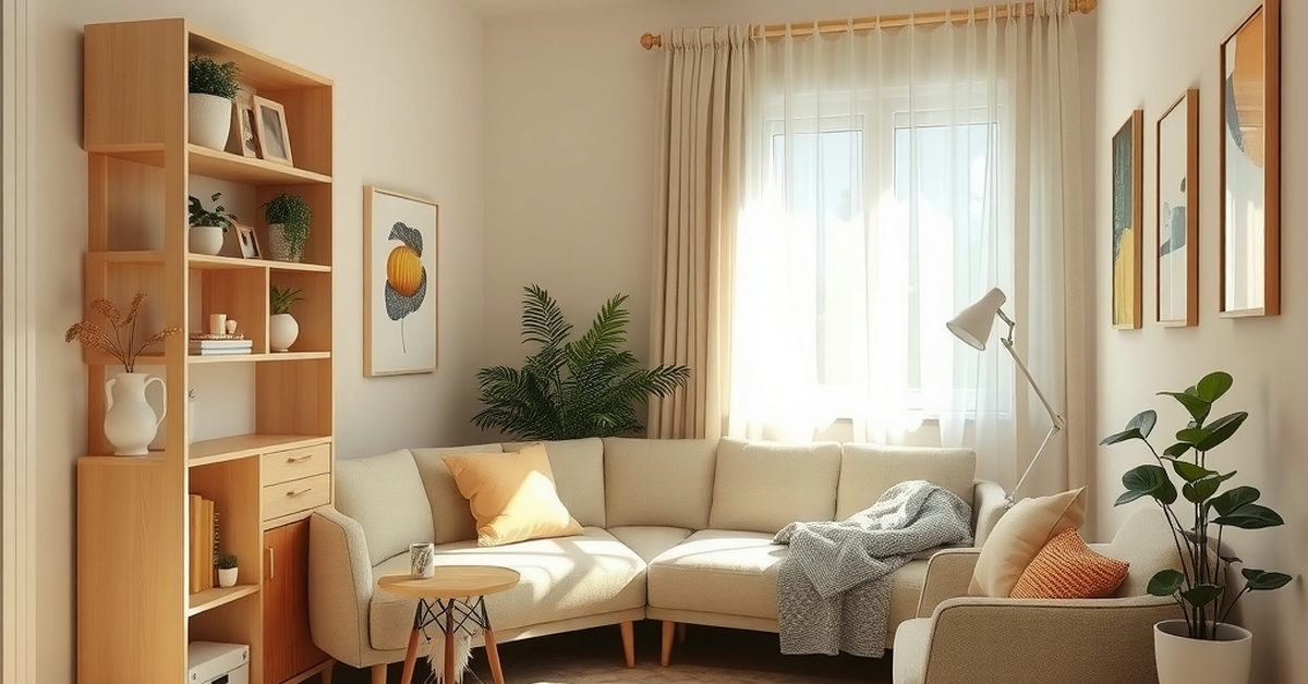 sala de estar pequena com sofá-camas e prateleiras