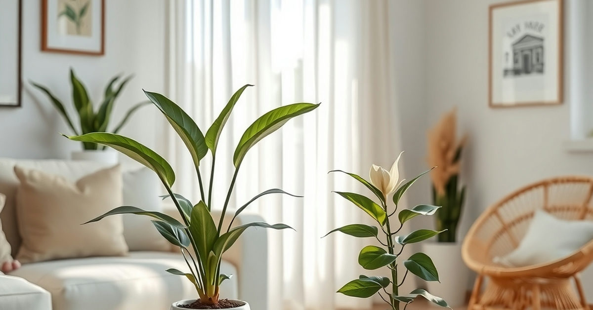 sala com dracena e lírio da paz em vasos decorativos