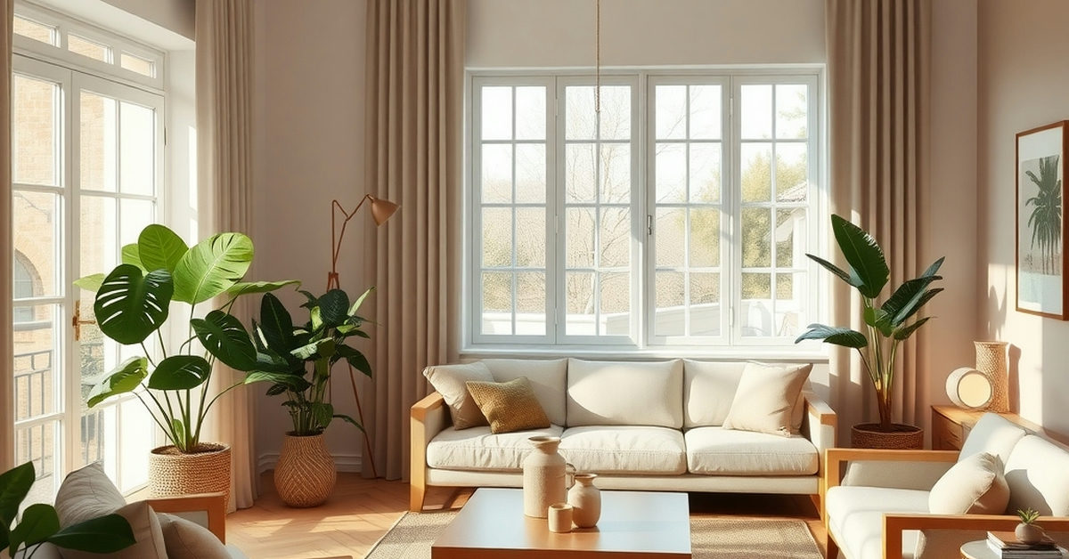 sala de estar com móveis claros e plantas verdes.