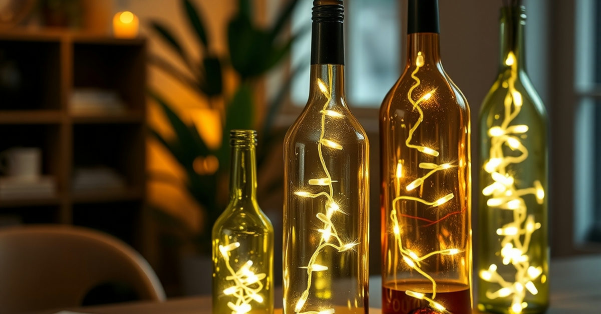 lanternas decorativas feitas de garrafas de vinho iluminadas