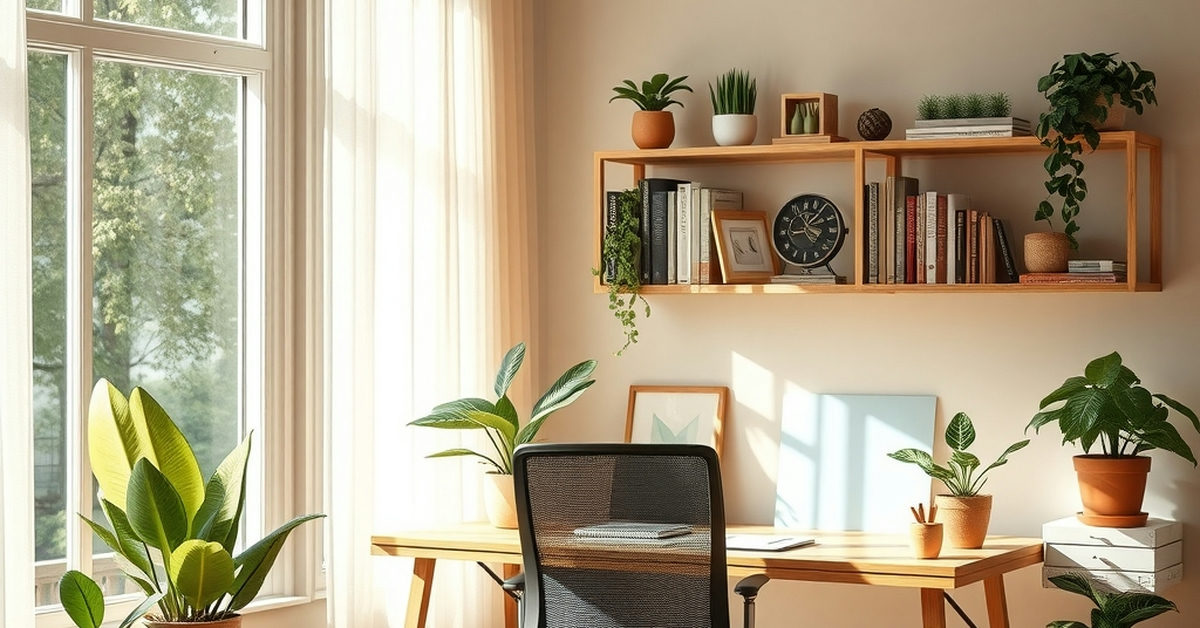 home office com mesa de madeira e plantas em vaso