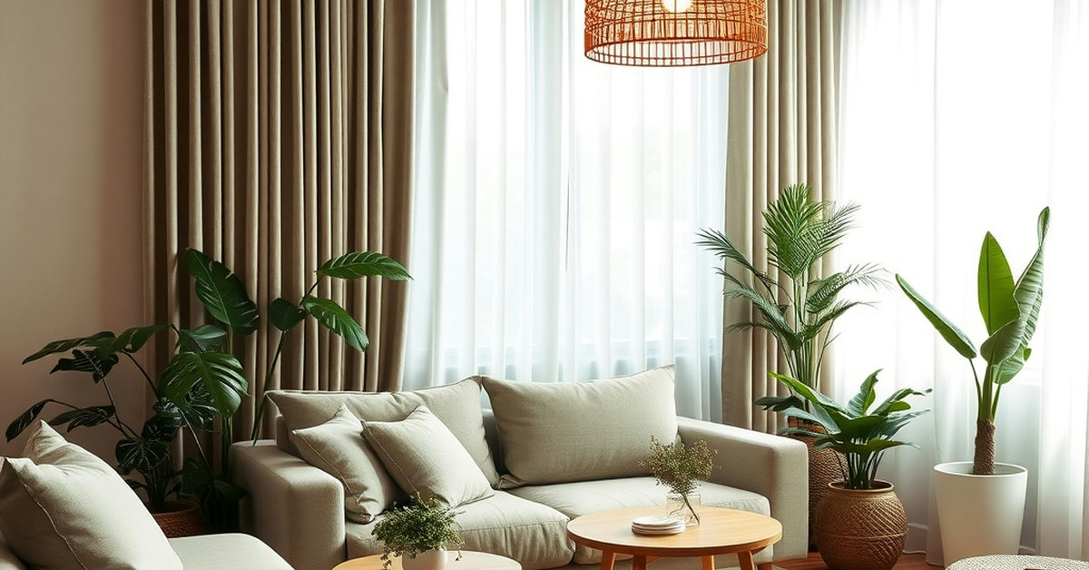 sala aconchegante com iluminação quente e plantas