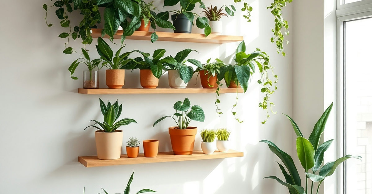 jardim vertical com prateleiras de madeira e plantas variadas