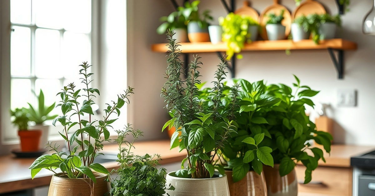 cozinha com jardim de ervas em vasos de cerâmica
