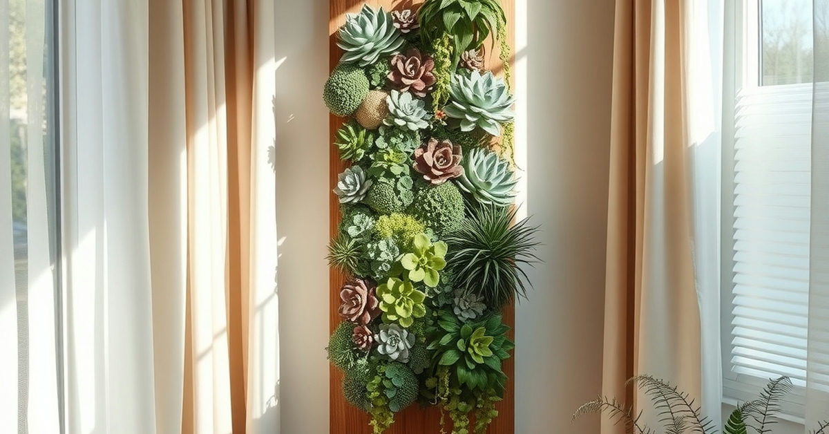 jardim vertical interno com suculentas e samambaias