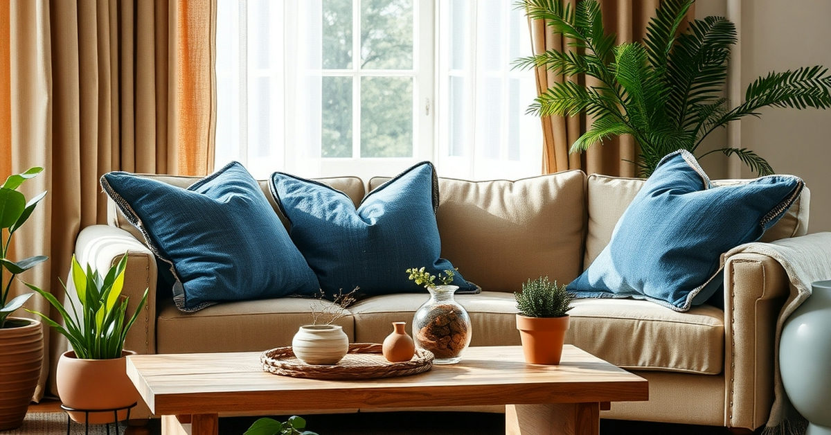 sala com capas de almofadas de jeans e plantas verdes