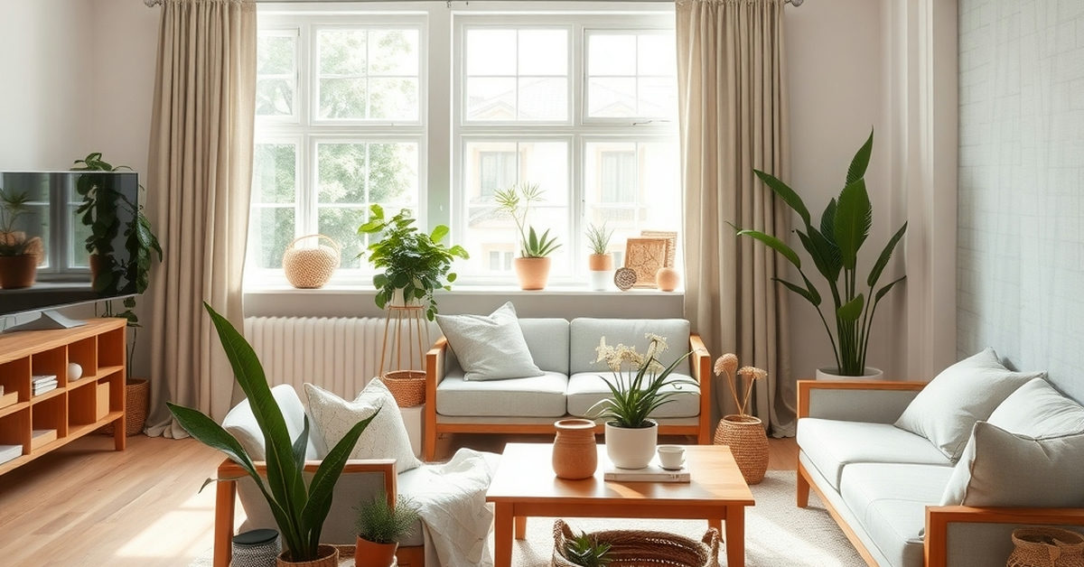 sala organizada com decoração minimalista e plantas.
