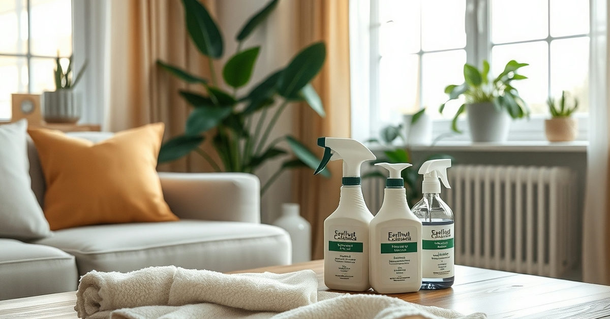 sala de estar com produtos de limpeza ao lado de plantas
