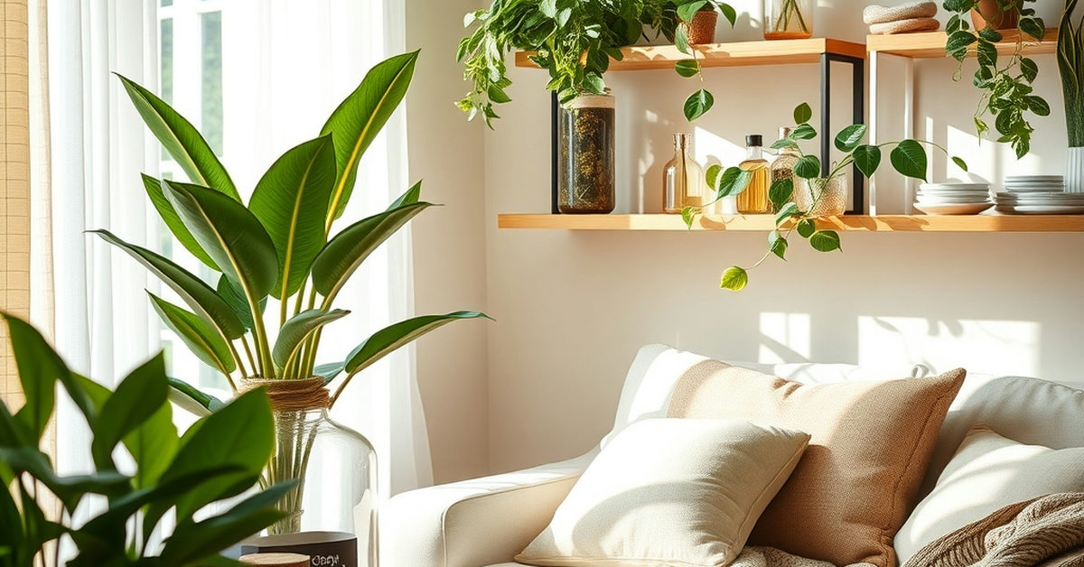sala com plantas e produtos de limpeza naturais