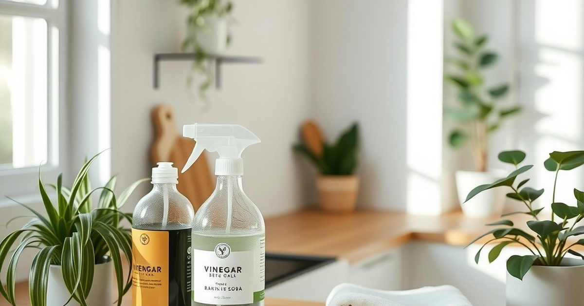 cozinha minimalista com produtos de limpeza naturais