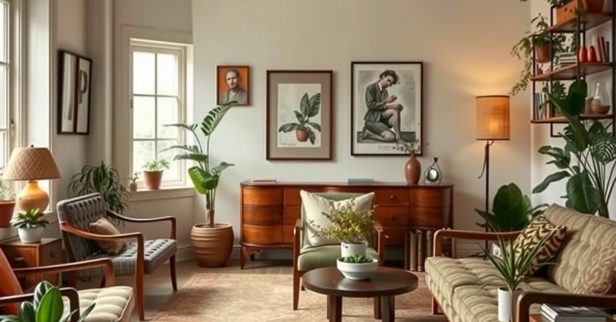 sala com móveis de estilos variados e plantas decorativas