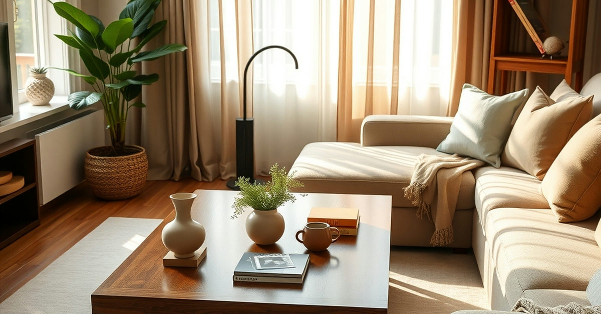 sala com mesa de madeira polida e sofá de tecido suave