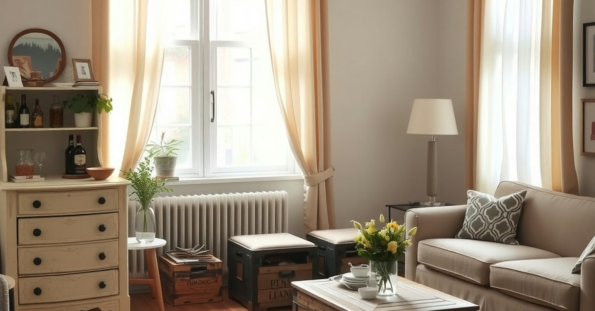 sala com móveis reutilizados e decorativos.