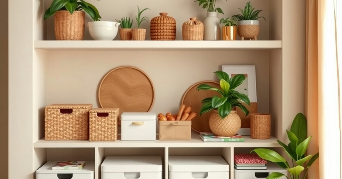 sala organizada com caixas decorativas e plantas verdes