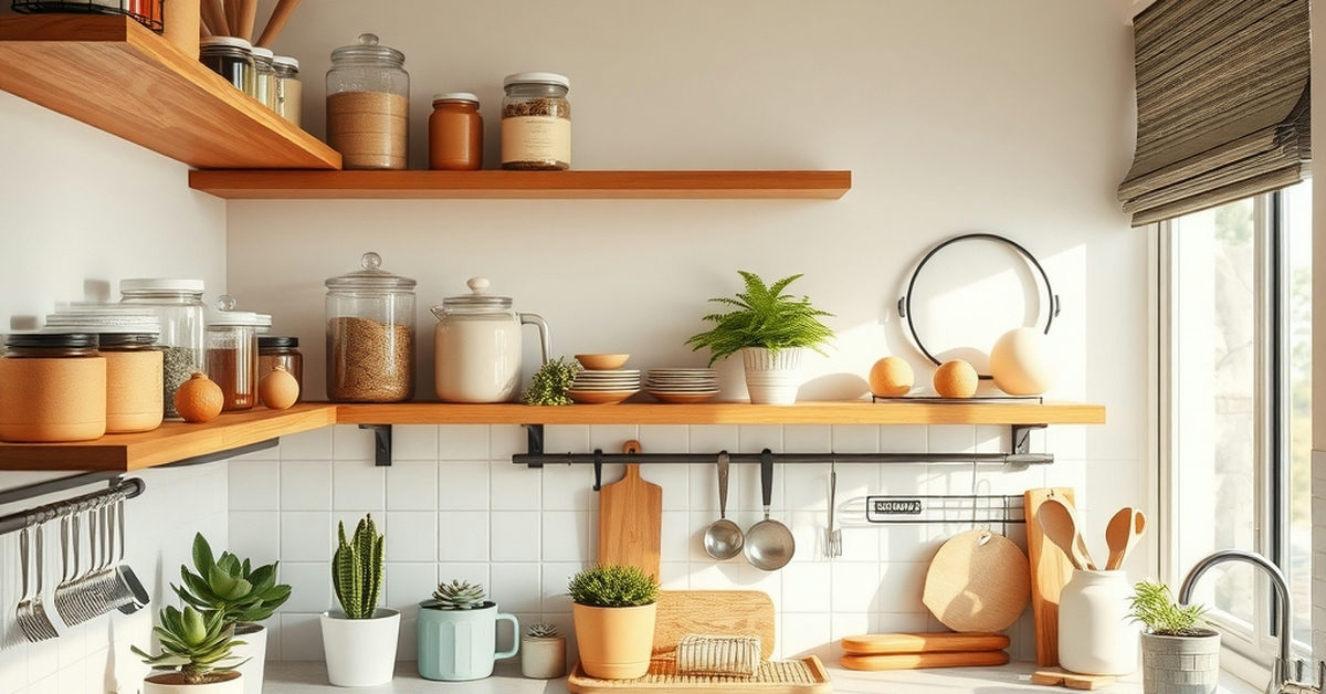 cozinha organizada com prateleiras de madeira e plantas