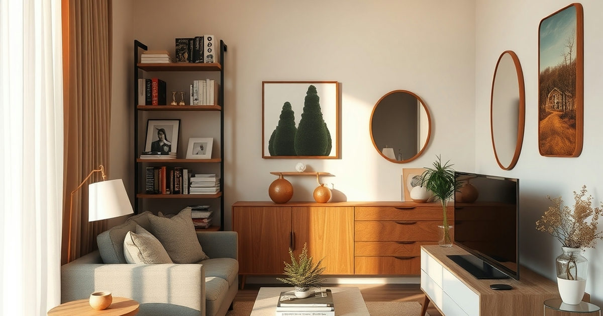 sala de apartamento pequeno com prateleiras e espelhos