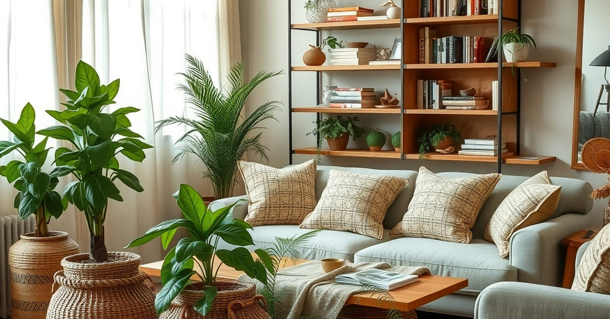 sala com móveis reciclados e plantas decorativas