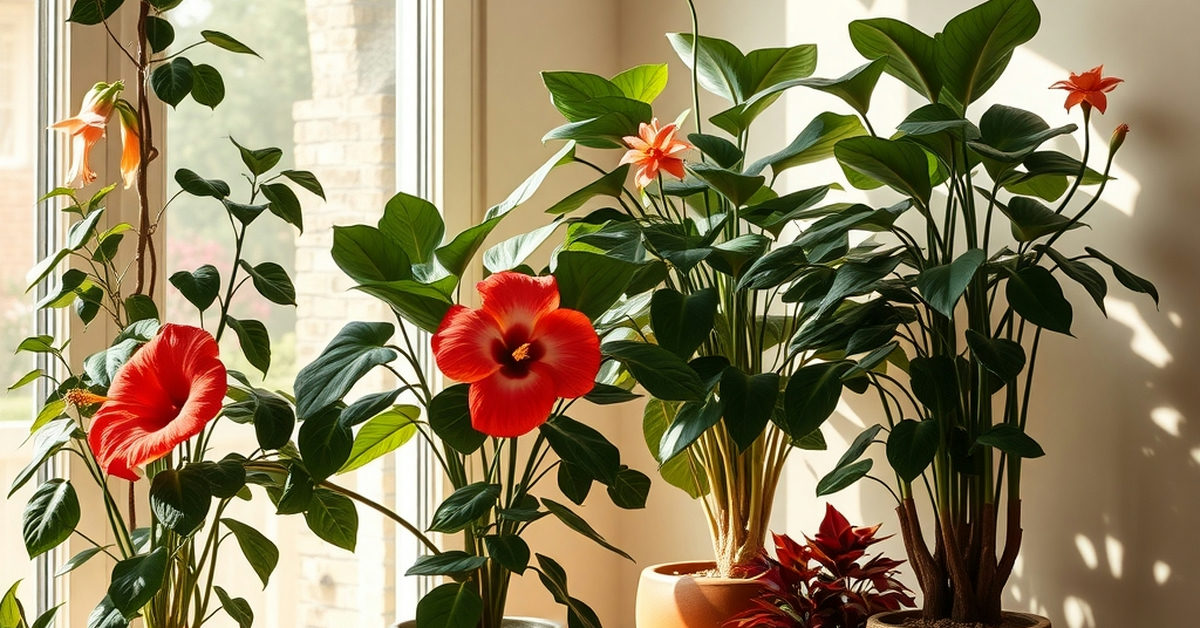 jardim interno com plantas florescentes e vasos decorativos