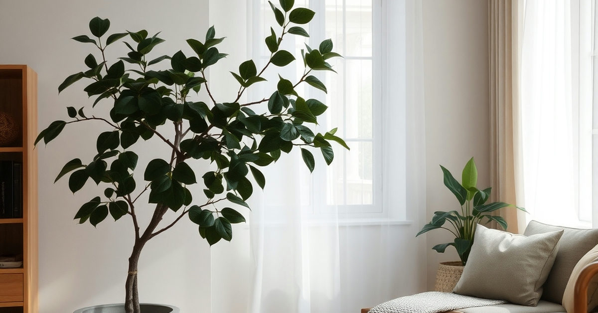 sala com planta Ficus Lyrata em vaso de concreto