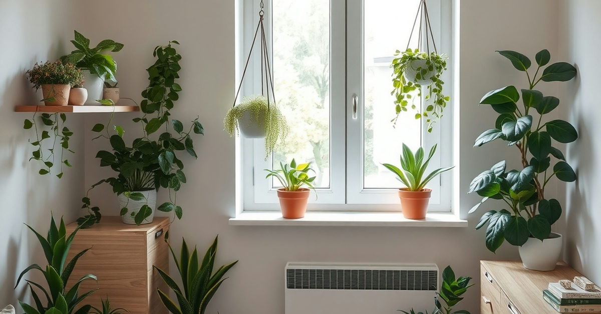 sala pequena com diversas plantas em vasos suspensos
