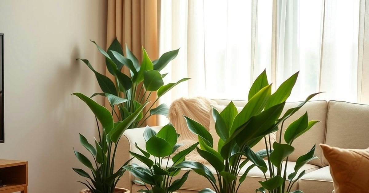 sala com plantas purificadoras como espada-de-são-jorge e lírio da paz