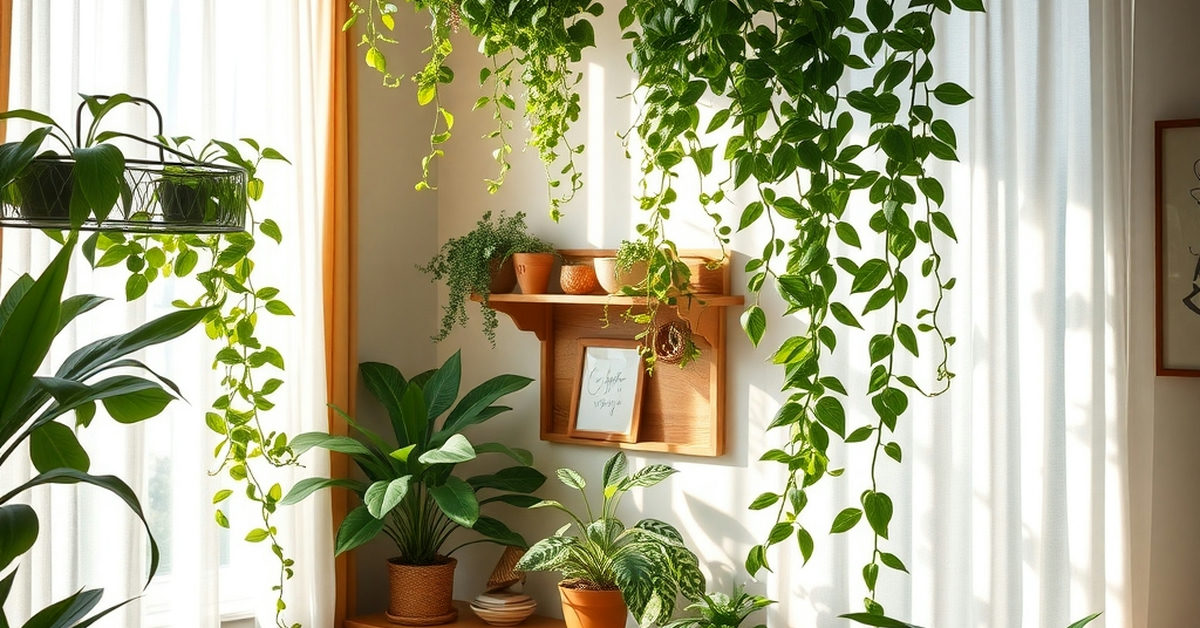 ambiente interno com plantas trepadeiras como jiboia e philodendron
