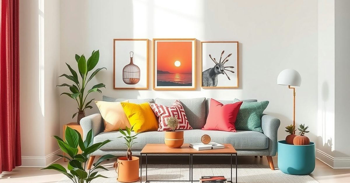 sala com decoração organizada por cores e almofadas coloridas