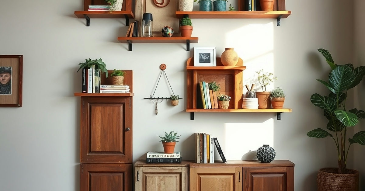 prateleiras estilizadas com portas antigas e plantas decorativas