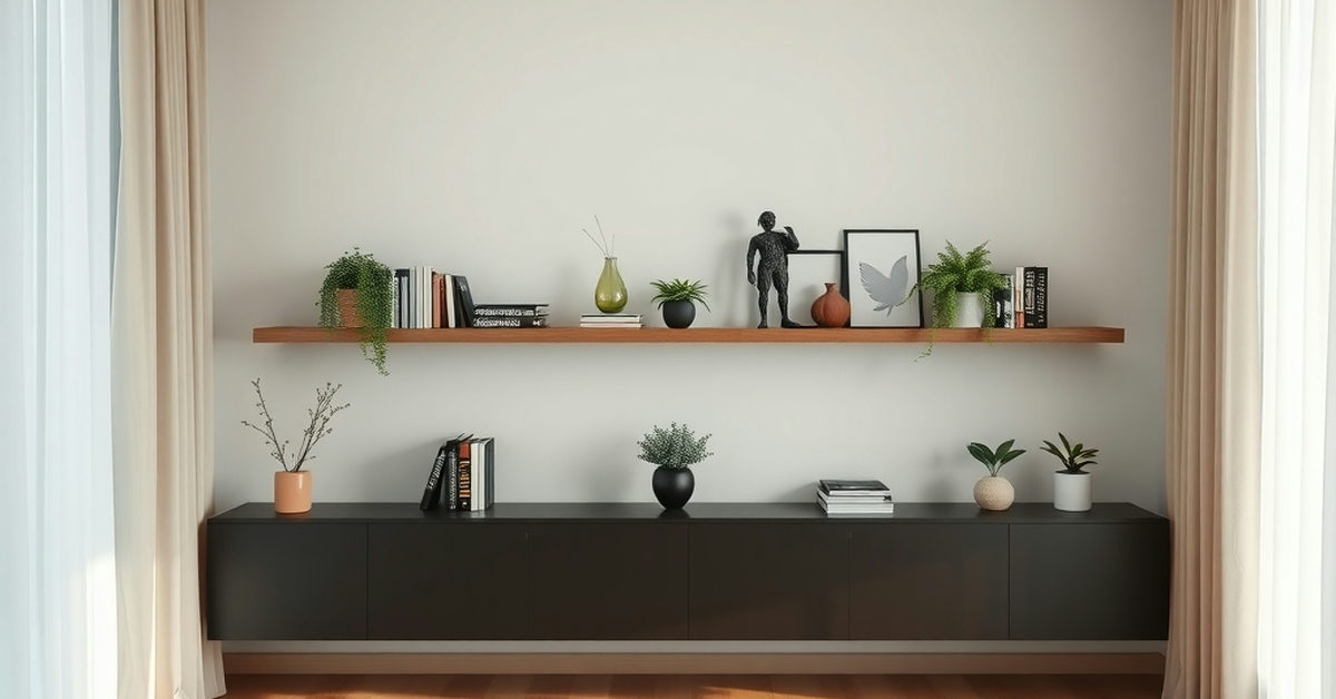 sala minimalista com prateleiras flutuantes e plantas