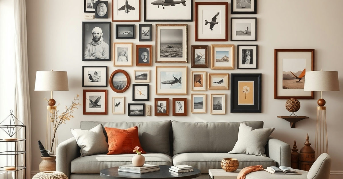 sala de estar com galeria de fotos de família.