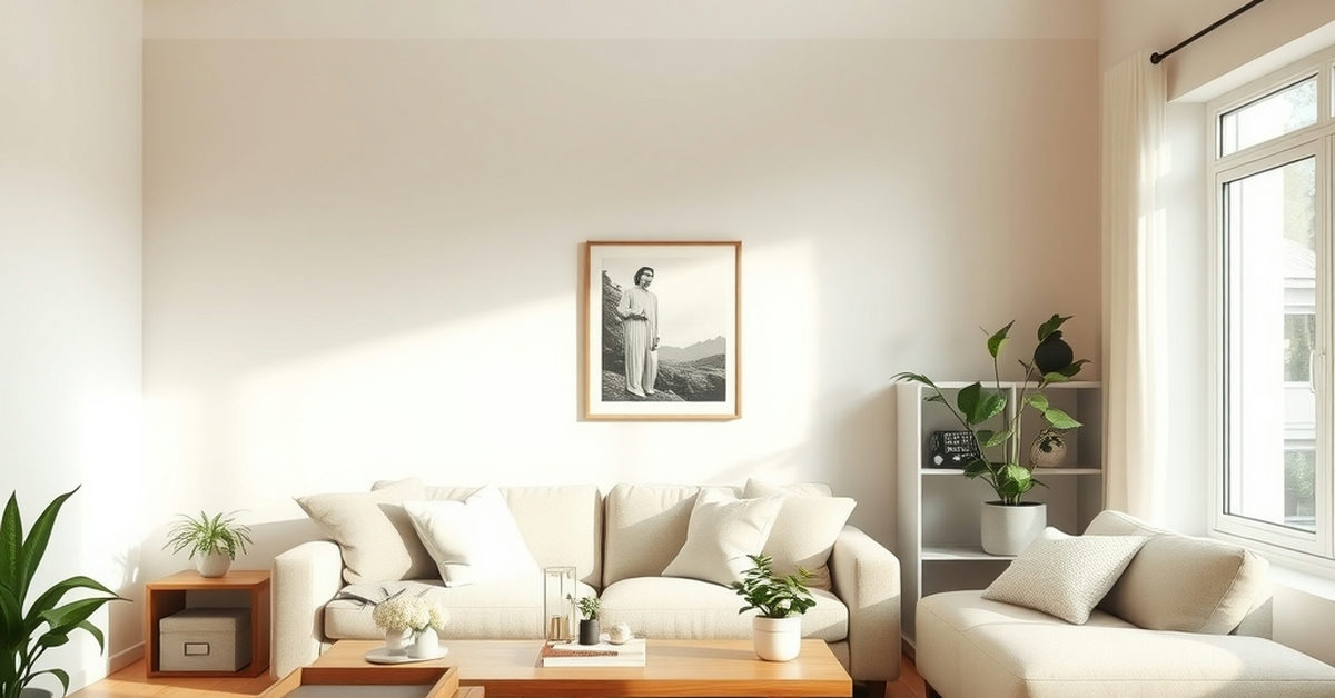 sala de estar organizada com sofá neutro e plantas.