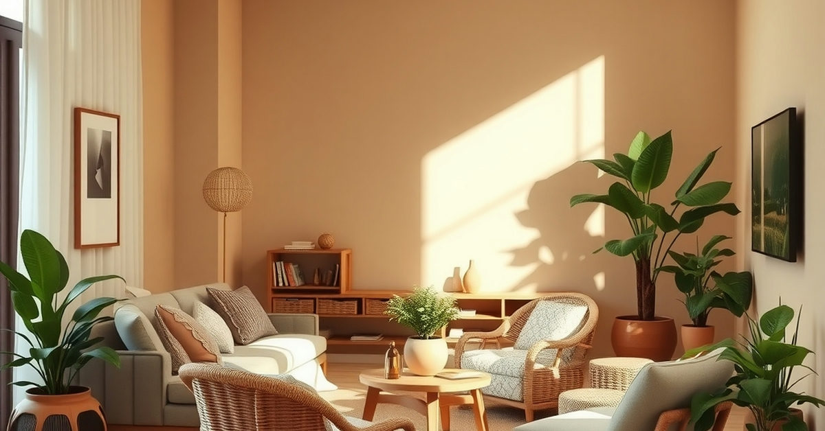 sala moderna com móveis de vime e plantas internas