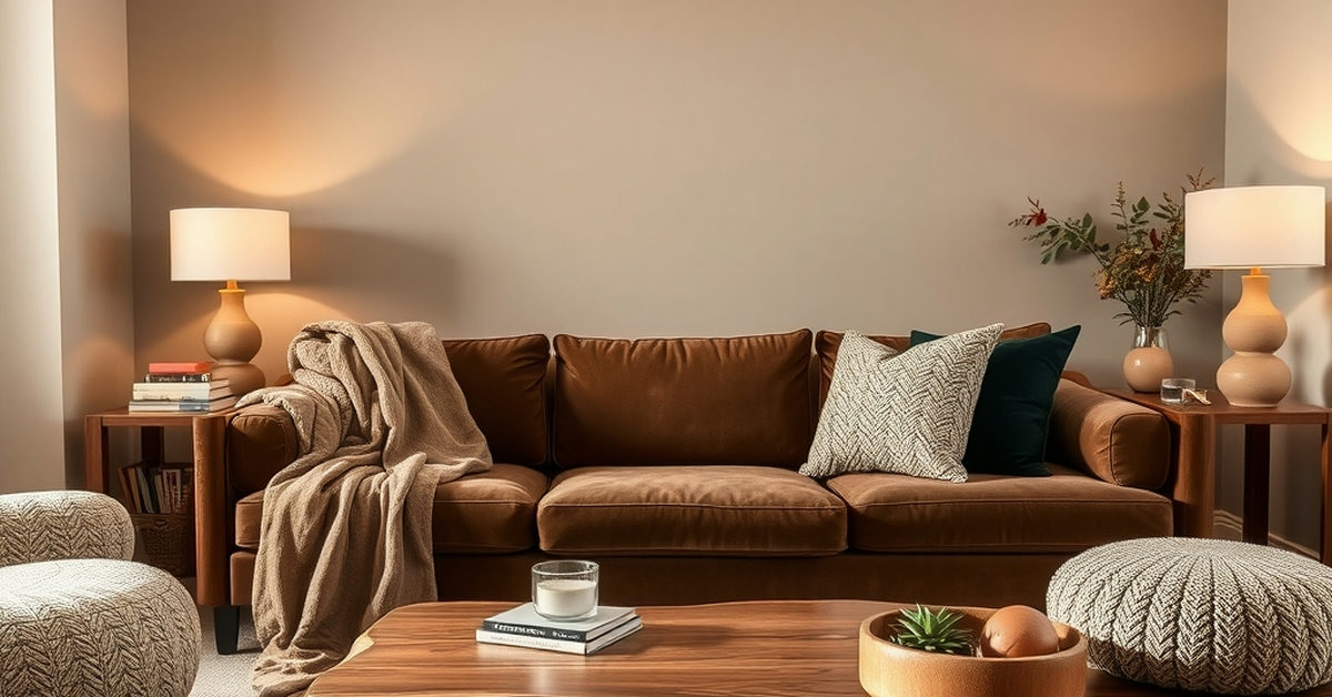 sala aconchegante com sofá de veludo e manta de lã